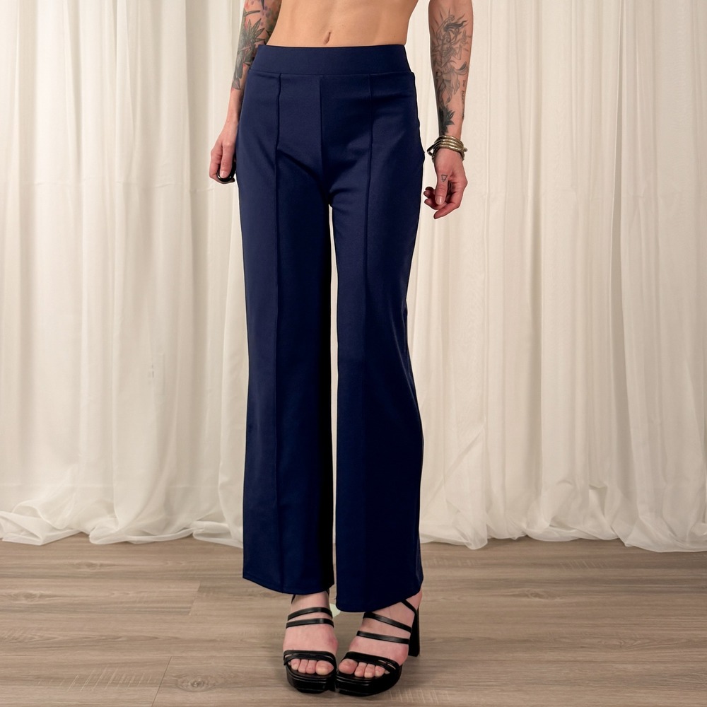 Navy Wide Leg Trousers High Rise Stretch Pants Minimalist Workwear Size M - Picture 2 of 6